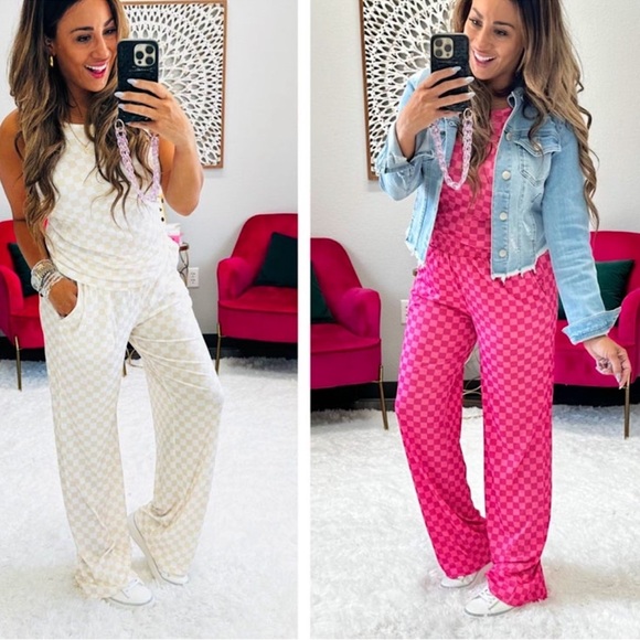 ☃️BOGO50%☃️🆕🤍JESS LEA: NEUTRAL Check Yourself Checkered Lounge Set LARGE - Picture 2 of 6